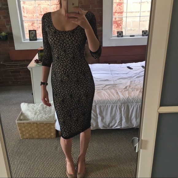 Black pattern mesh over nude bodycon midi dress - Picture 1 of 2